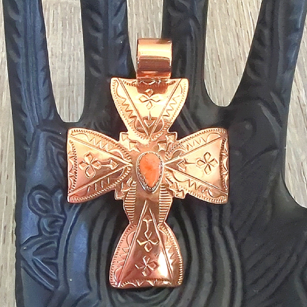 Running Bear Navajo Copper And Spiney Oyster Embossed Stamped Cross Pendant